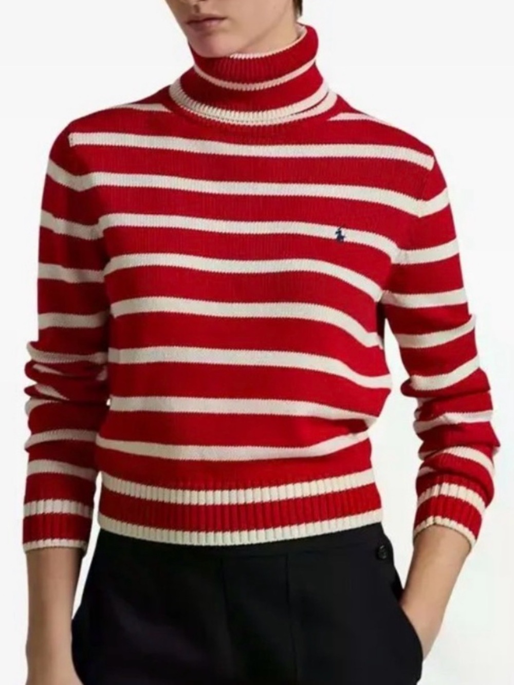Ralph Lauren Red and Cream Striped Crewneck Sweater